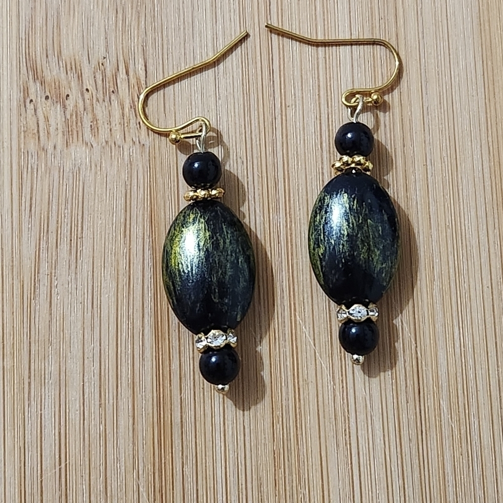 Hand Crafted Pierced Elegant Green Black and Gold Earrings Rhinestones Dangle